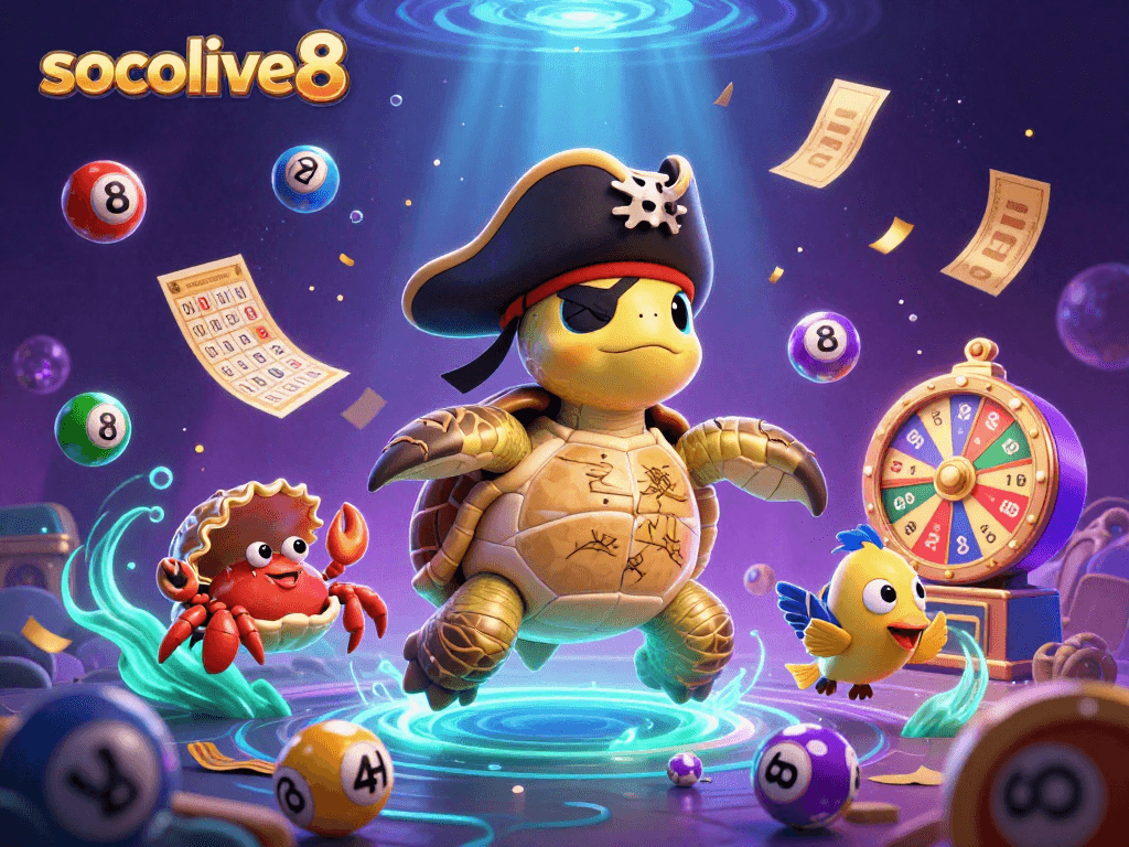 Experience the excitement of socolive8 with colorful lottery elements and dynamic characters in a vibrant sea scene.