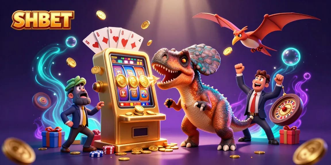 SHBET illustrates a prehistoric-themed casino scene with a dinosaur, showcasing vibrant slot games and exciting wins.
