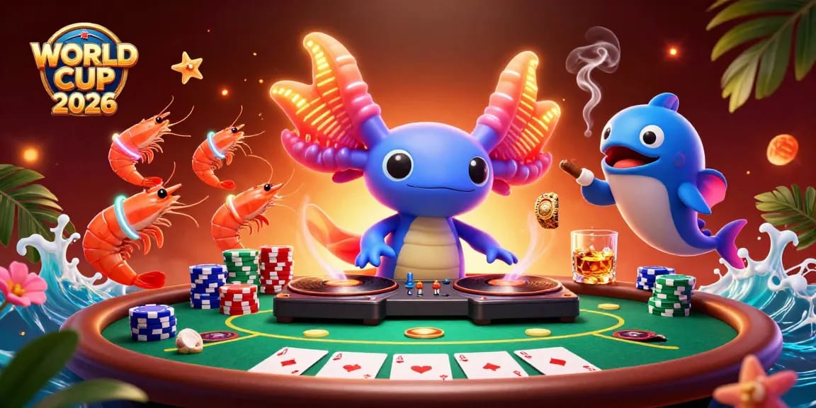 Experience the vibrant energy of WORLD CUP 2026 with a 3D illustration featuring colorful characters and poker elements.