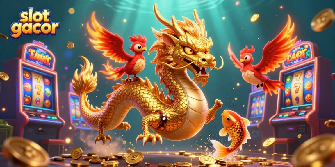 Experience slot gacor action with a golden dragon, phoenix, and koi fish amid glowing slot machines.