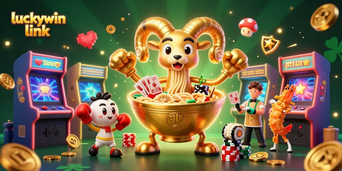 Engage with the luckywin link as a golden ramen bowl deals cards amid vibrant casino themes.