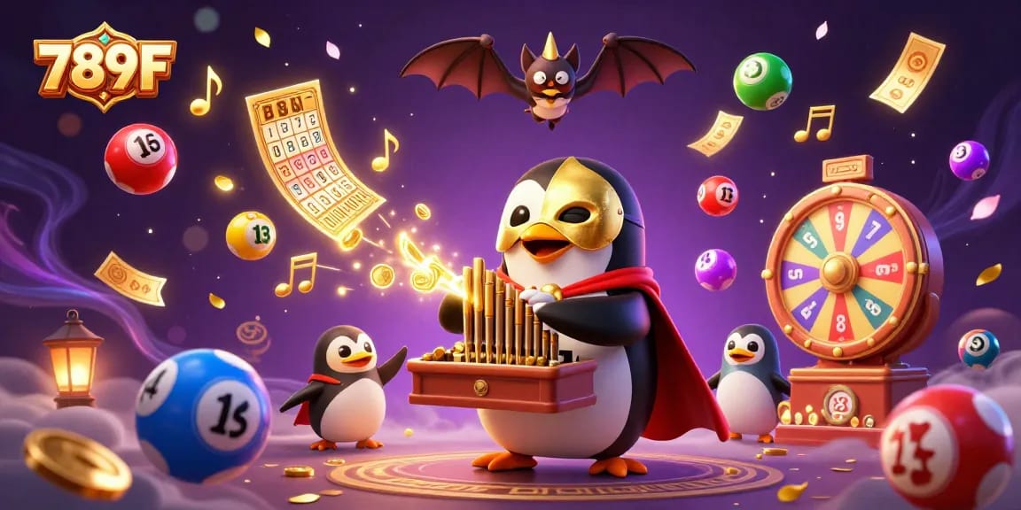Experience thrilling moments at 789F with a vibrant scene of a penguin with golden coins amidst lottery excitement.
