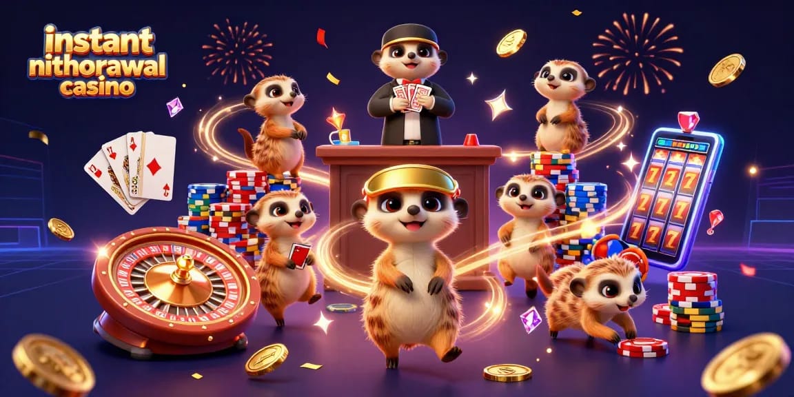 Experience the excitement at an instant withdrawal casino with meerkats handling chips and casino games.