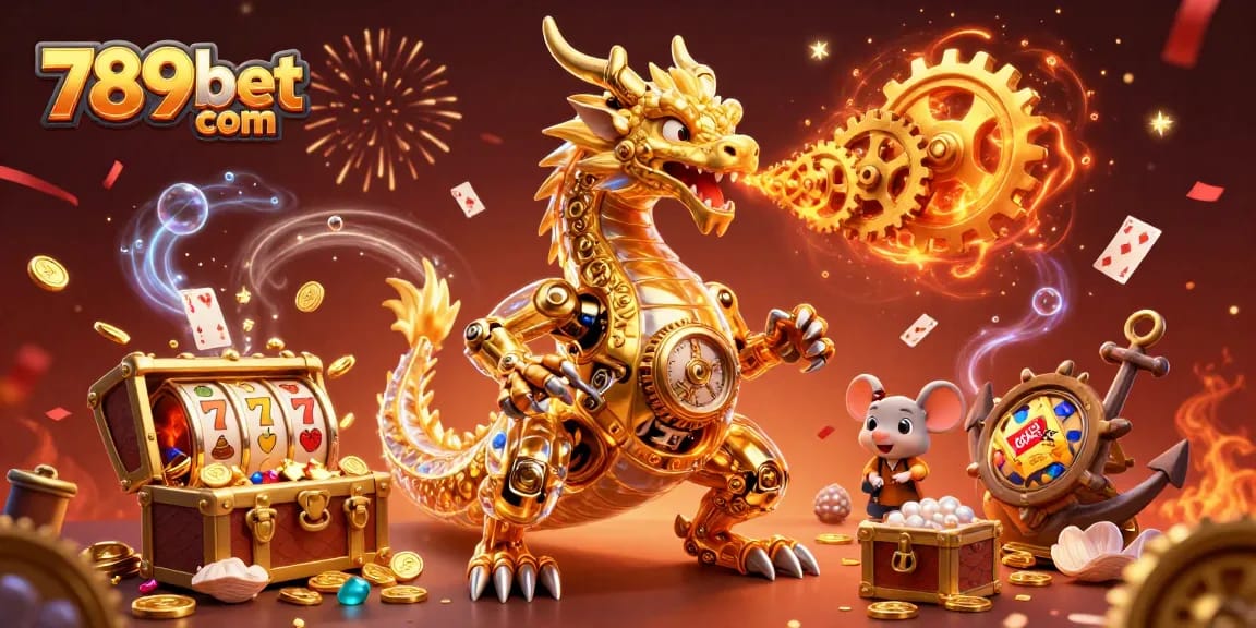 Experience thrilling wins at 789bet com with a captivating scene featuring a golden dragon and treasure.