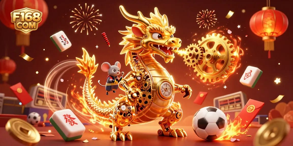 Experience thrilling sports betting action as F168 COM brings a vibrant atmosphere with a golden dragon and festive elements.