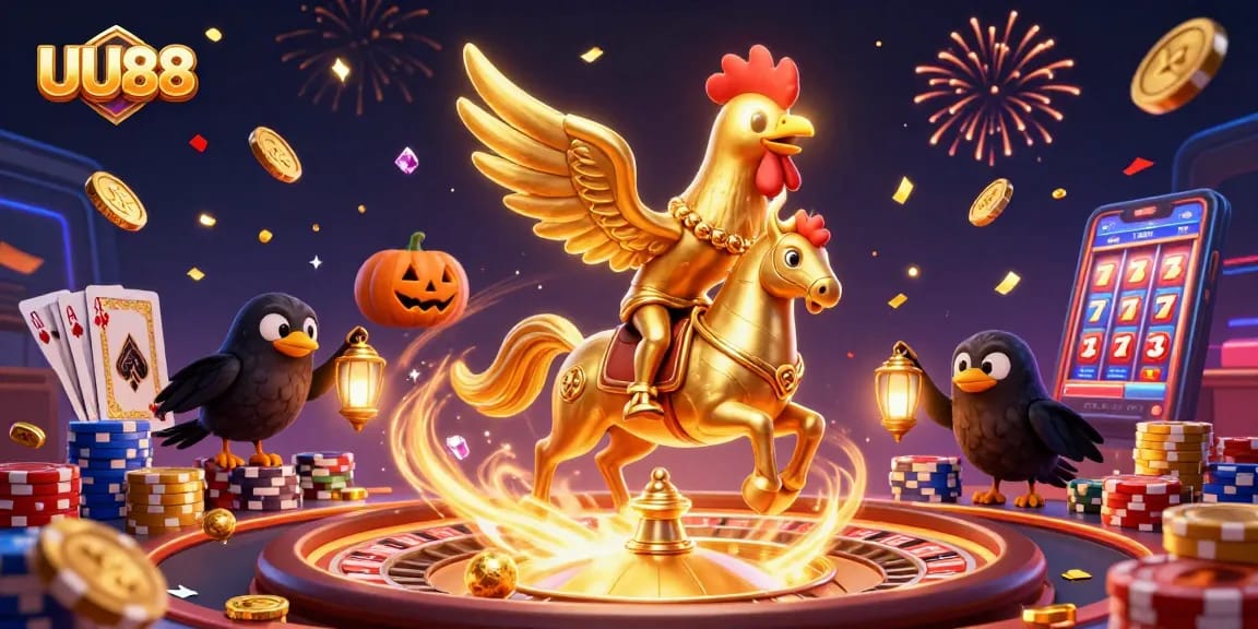 Experience thrilling wins with UU88 at a vibrant casino scene featuring golden rooster characters.