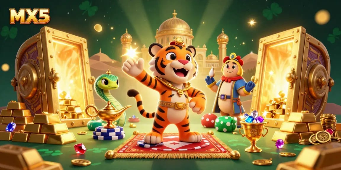 Experience the excitement of winning at MX5, surrounded by treasures and dazzling gems in a vibrant casino setting.