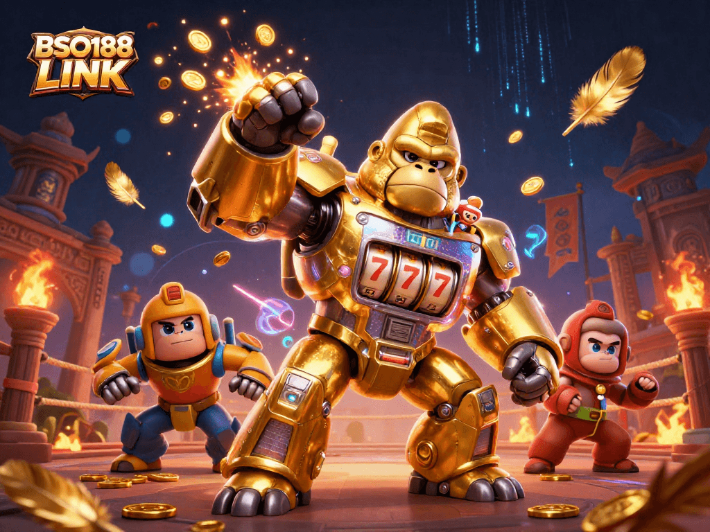 Engage with BSO188 LINK in a dynamic casino world featuring a powerful golden gorilla mech.