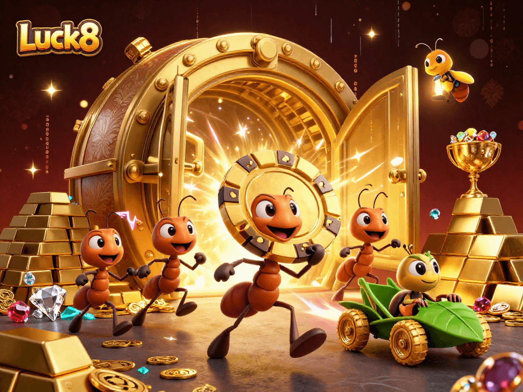 Luck8 game experience featuring ants stealing a giant poker chip in a rich casino environment.
