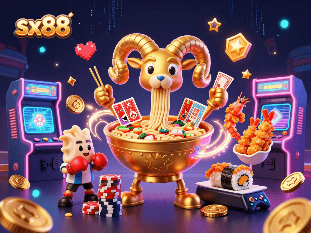 SX88 players enjoy a vibrant cartoon casino scene with a giant ramen bowl character, colorful game elements, and dynamic action.