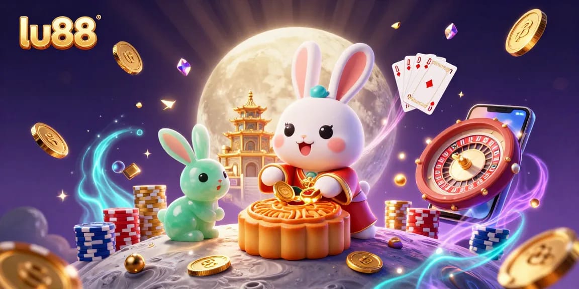 lu88 moon rabbit playing cards and golden poker chips in a vibrant casino illustration