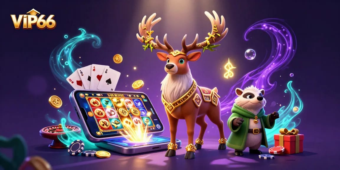 Engage your luck with VIP66 in this vibrant 3D casino scene filled with games and magic.