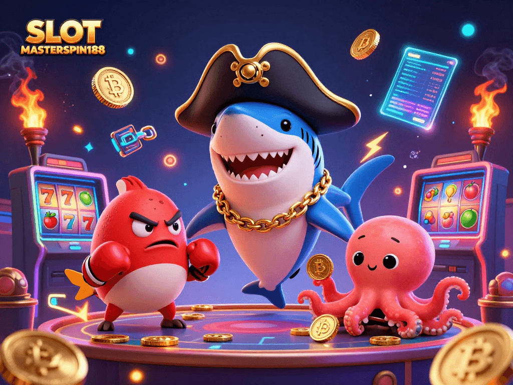 Spin the reels with SLOT MASTERSPIN188 featuring pirate shark, pufferfish, and octopus among crypto coins.