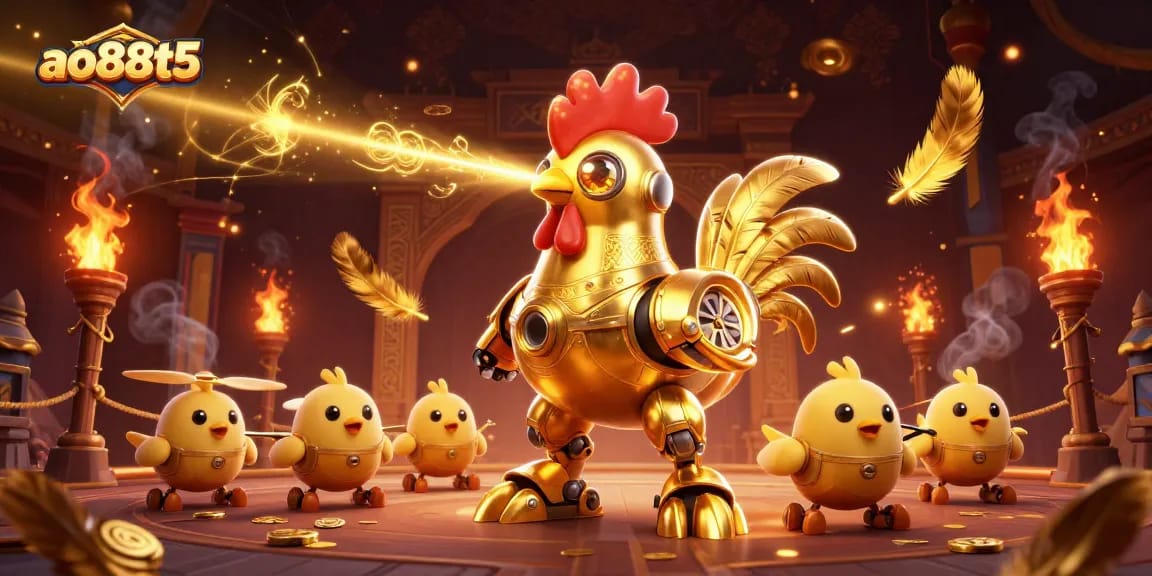 Engage with thrilling games at ao88t5 featuring a golden rooster robot in a dynamic casino scene.