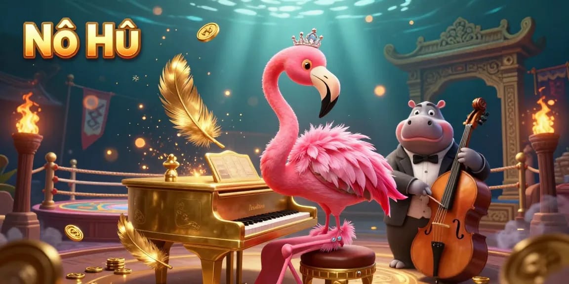 Nổ Hũ wins with a vibrant 3D illustration showcasing a flashy casino lounge with lively characters and rich gaming elements.
