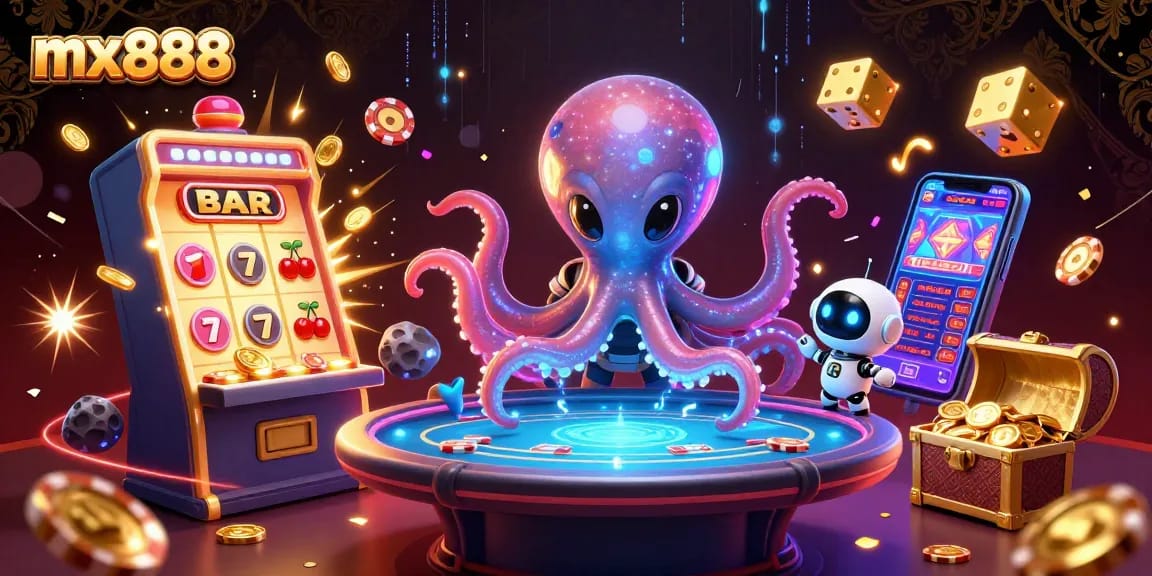 Experience the excitement of mx888 with a vibrant alien casino scene featuring card games and jackpots.