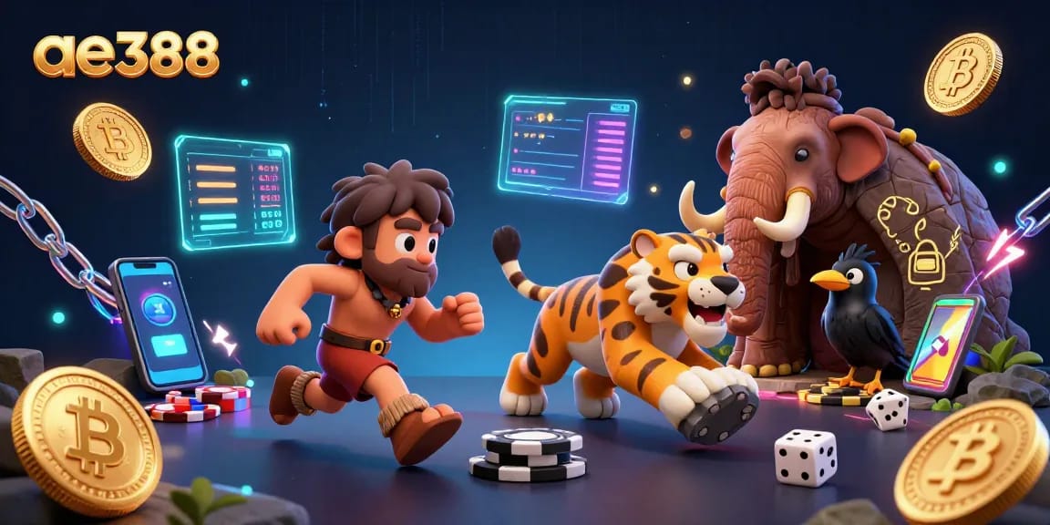 Experience thrilling adventures at ae388 with a dynamic prehistoric casino scene featuring cartoon characters and crypto elements.