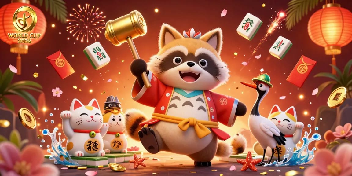 Experience the excitement of WORLD CUP 2026 with a playful tanuki and fortune cats in this dynamic casino scene.