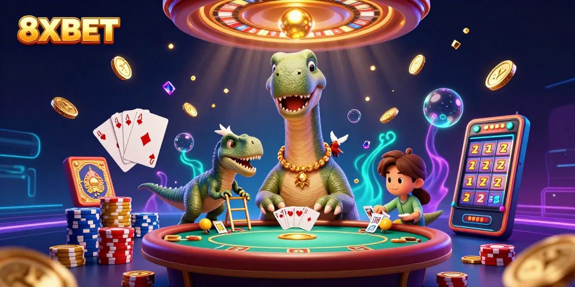 Experience the thrill of 8XBET with an engaging scene of dynamic casino action featuring colorful elements.
