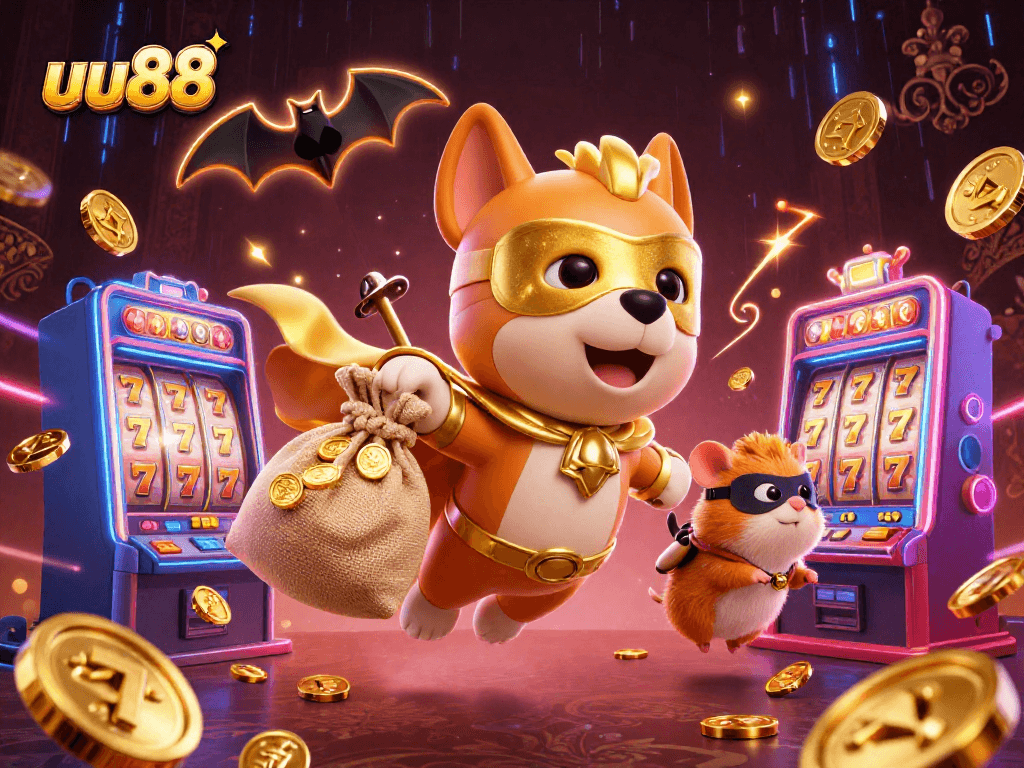 Experience exhilarating gameplay at uu88 with a dynamic scene of a superhero dog and his sidekick amidst vibrant slot machines