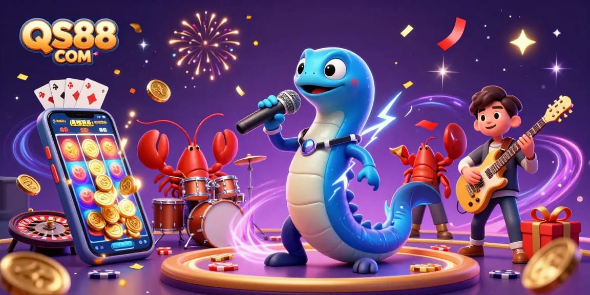 Experience excitement at QS88 COM, where an electric eel DJ performs live amidst casino games.