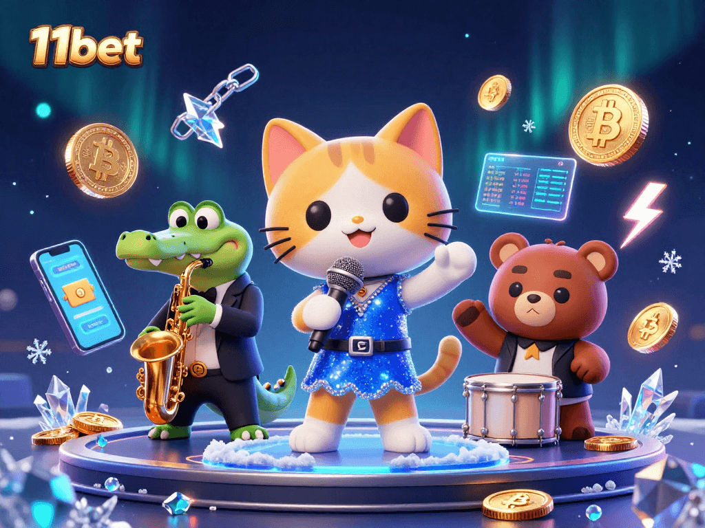 Experience thrilling gaming with 11bet: jazz-singer cat, saxophone crocodile, and drum bear in a vibrant casino scene.