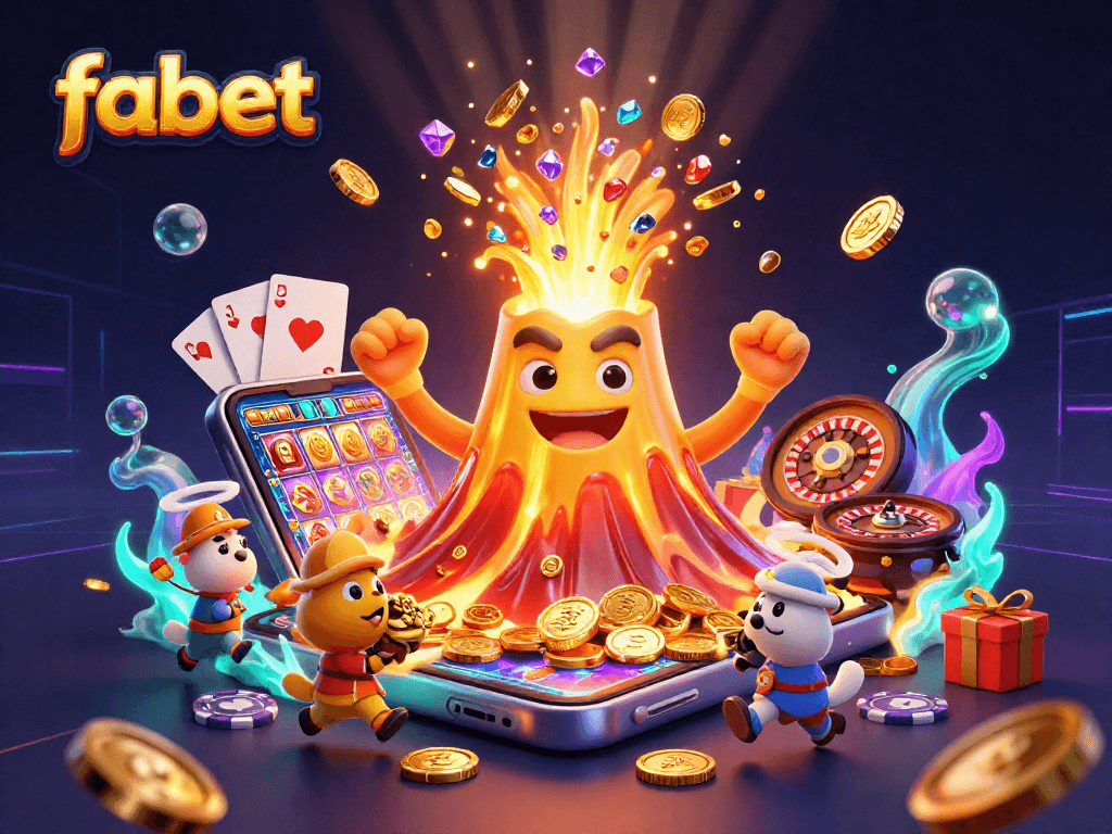 fabet erupts with coins and gems in a lively 3D casino scene showcasing vibrant gaming elements