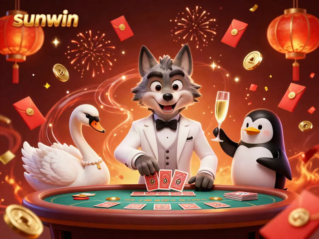 Join the excitement at sunwin with a debonair wolf and elegant characters in a vibrant casino scene.
