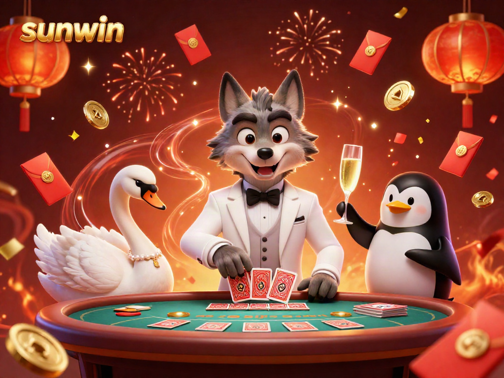Join the excitement at sunwin with a debonair wolf and elegant characters in a vibrant casino scene.