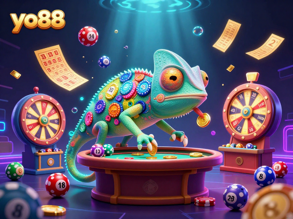 Engage with yo88's vibrant casino scene, featuring a chameleon overlord amidst colorful games.