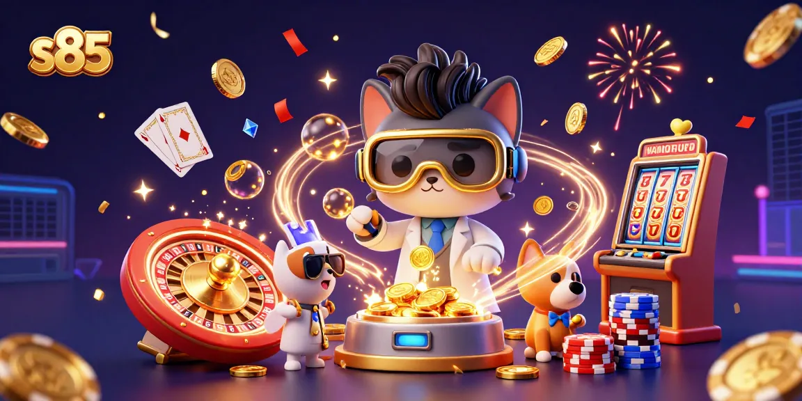 Spin to win at s85 with golden coins cascading and 3D characters in action!