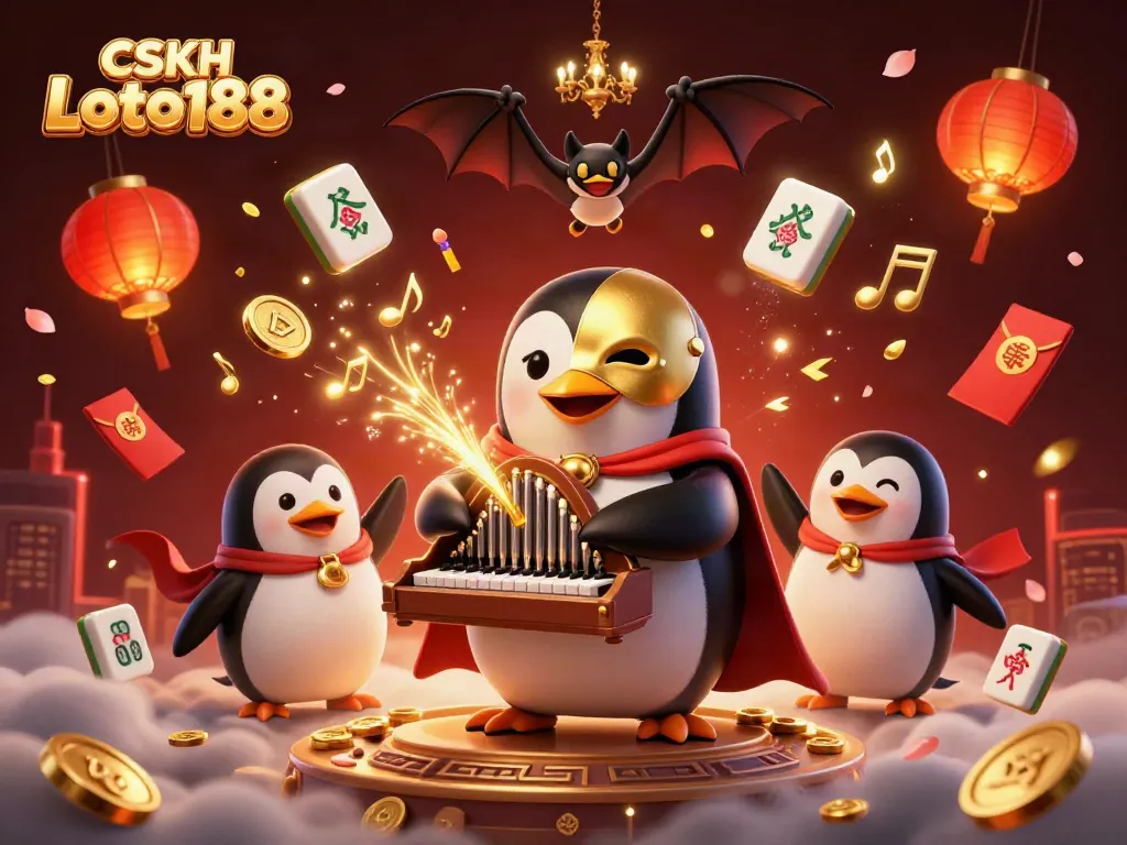 CSKH Loto188 showcases a vibrant casino scene with a penguin playing an organ that emits golden coins