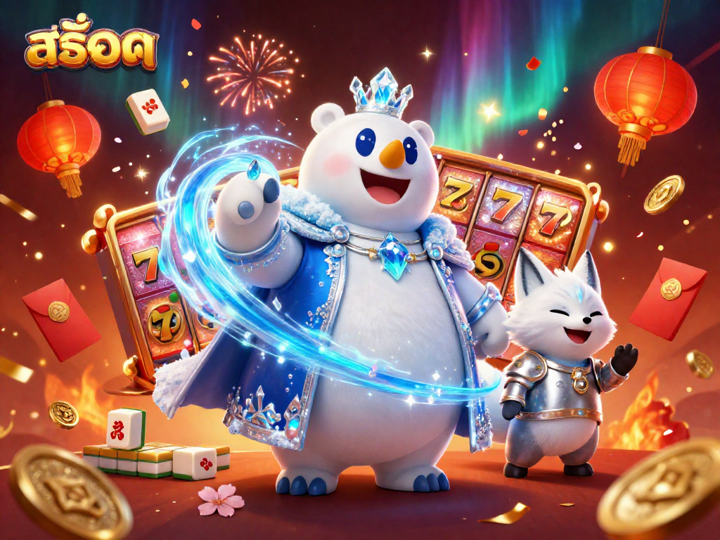 Engage in the thrilling world of สล็อต with the majestic polar bear and snow fox amidst festive symbols.