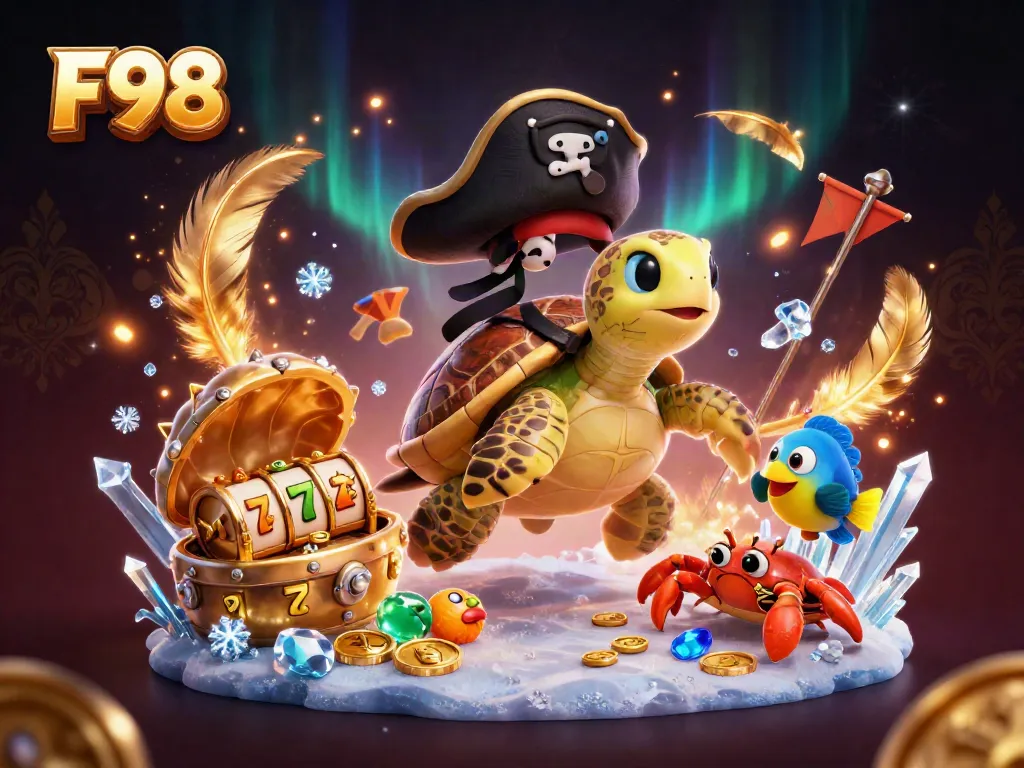 Engage with F98 themed gaming with a cartoon turtle and treasure in a vibrant casino scene.
