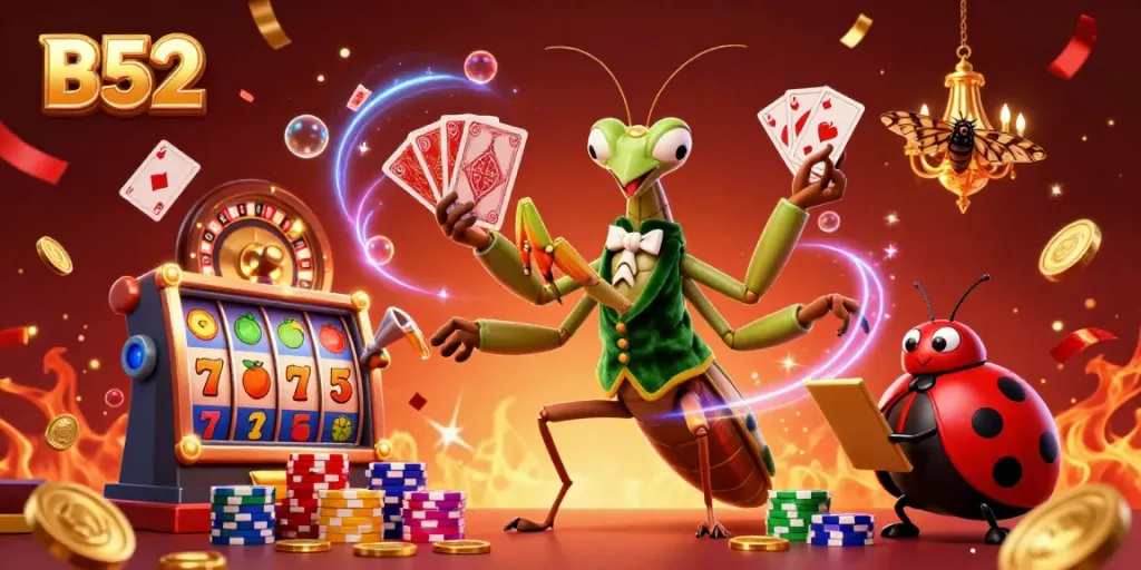 Engage in vibrant B52 casino action with colorful slots and festive characters.