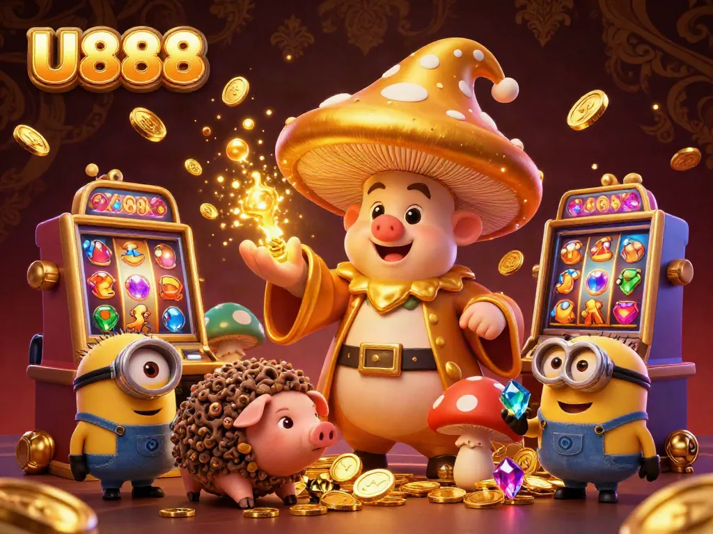 Play immersive U888 slot games with a magical golden wizard and treasure-filled scene.
