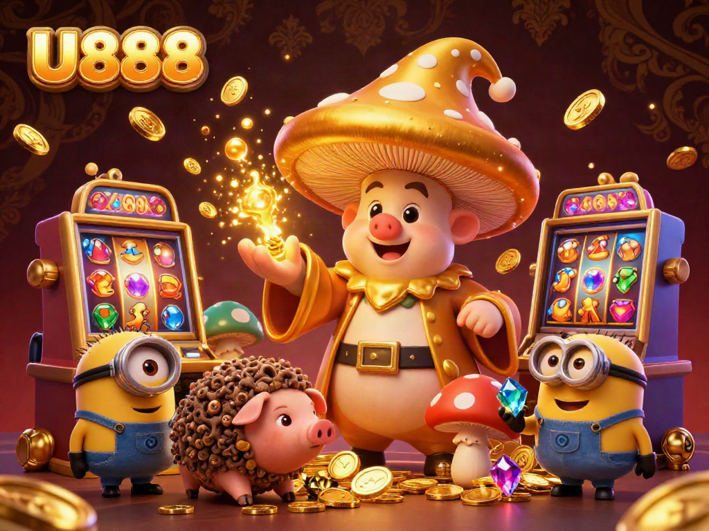 Play immersive U888 slot games with a magical golden wizard and treasure-filled scene.