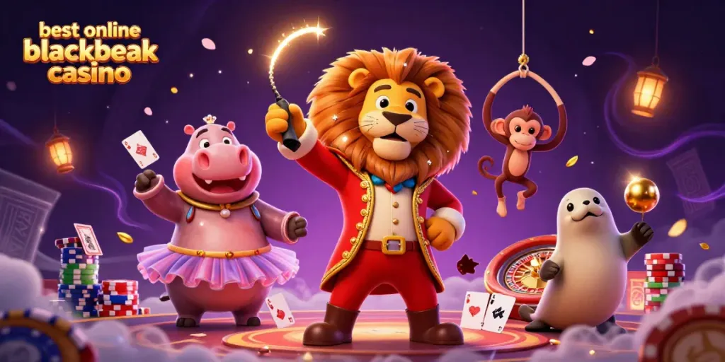 Experience the best online blackjack casino vibes with a lively circus-themed illustration featuring vibrant characters.