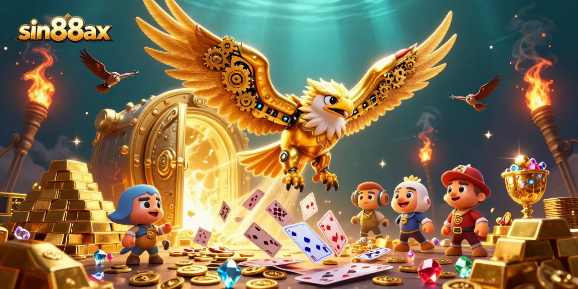 Experience big wins with sin88ax in this vibrant underwater casino scene filled with treasures and holographic cards.