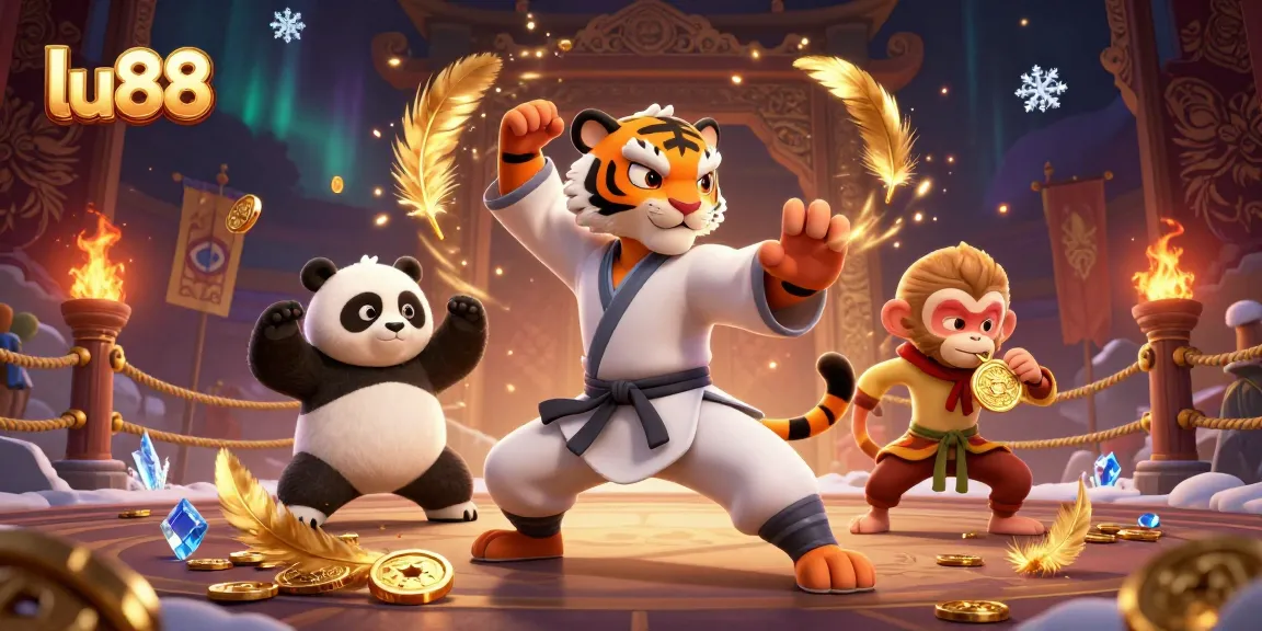 lu88 showcases a vibrant 3D casino scene with a kung fu master and his students amidst swirling gold coins.