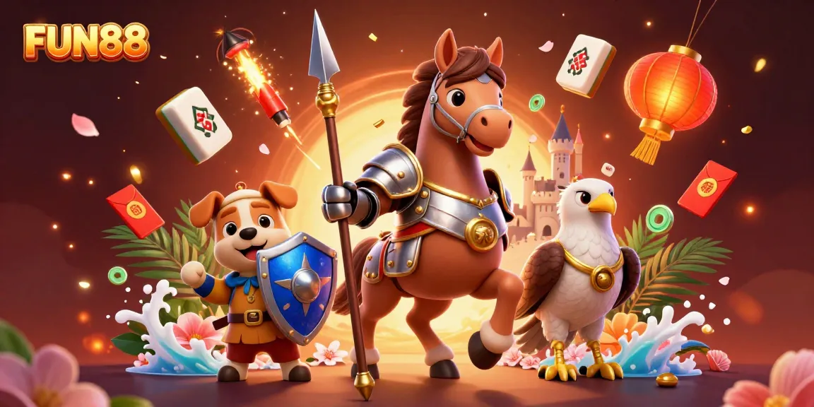 Experience FUN88's immersive gaming world with a 3D knight, squire, and falcon in a vibrant casino scene.