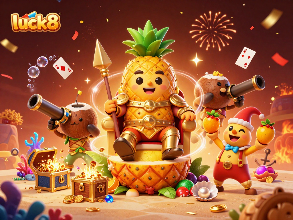 Engage with luck8's vibrant online casino adventure featuring a golden pineapple king and dynamic gaming elements.