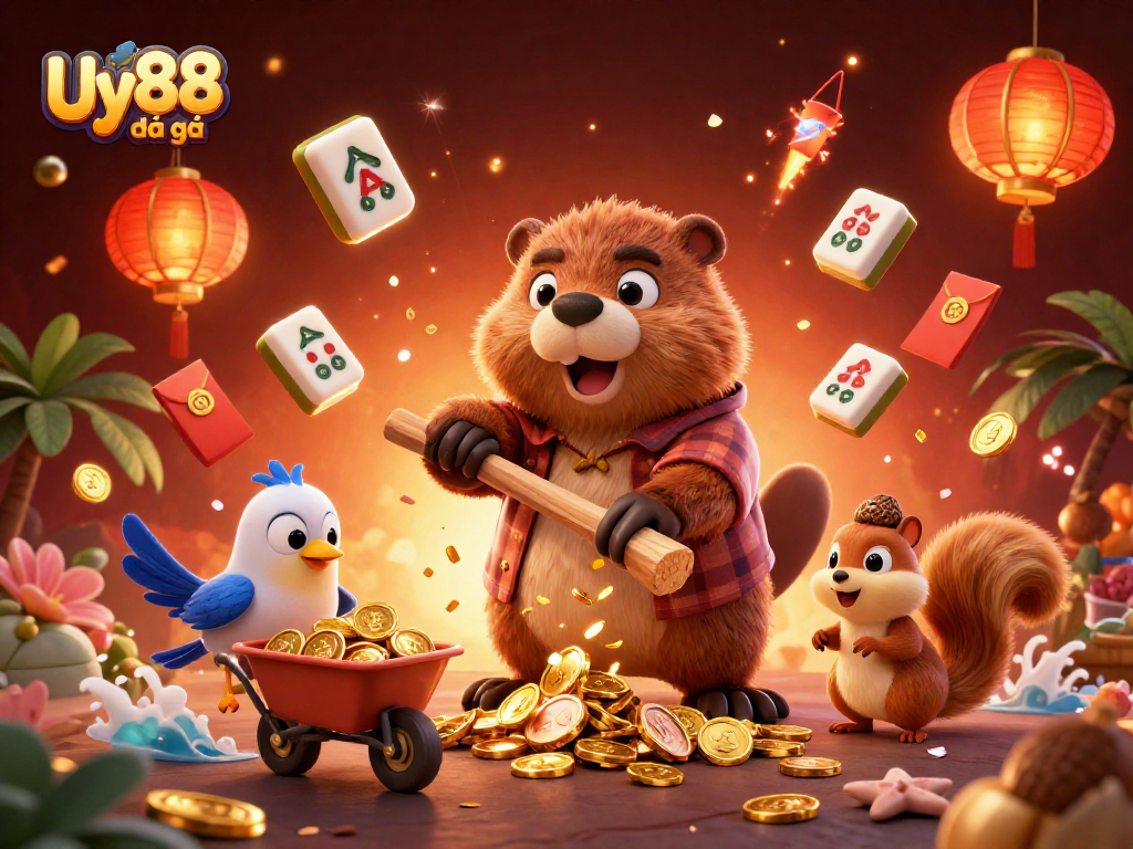 Engage with Uy88 đá gà in a vibrant casino atmosphere filled with gold coins and festive elements.