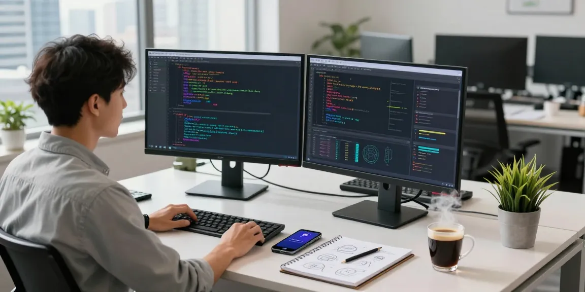Developers utilizing快连 app to enhance network performance in a modern office setting, showcasing dual monitors and productivity.