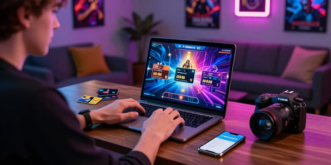 Aufregende Szene eines Spielers, der eine Paysafe Card im Casino auf einem Laptop verwendet, lebhafte Casino-Atmosphäre mit Paysafe-Karten und Spielvisualisierungen.