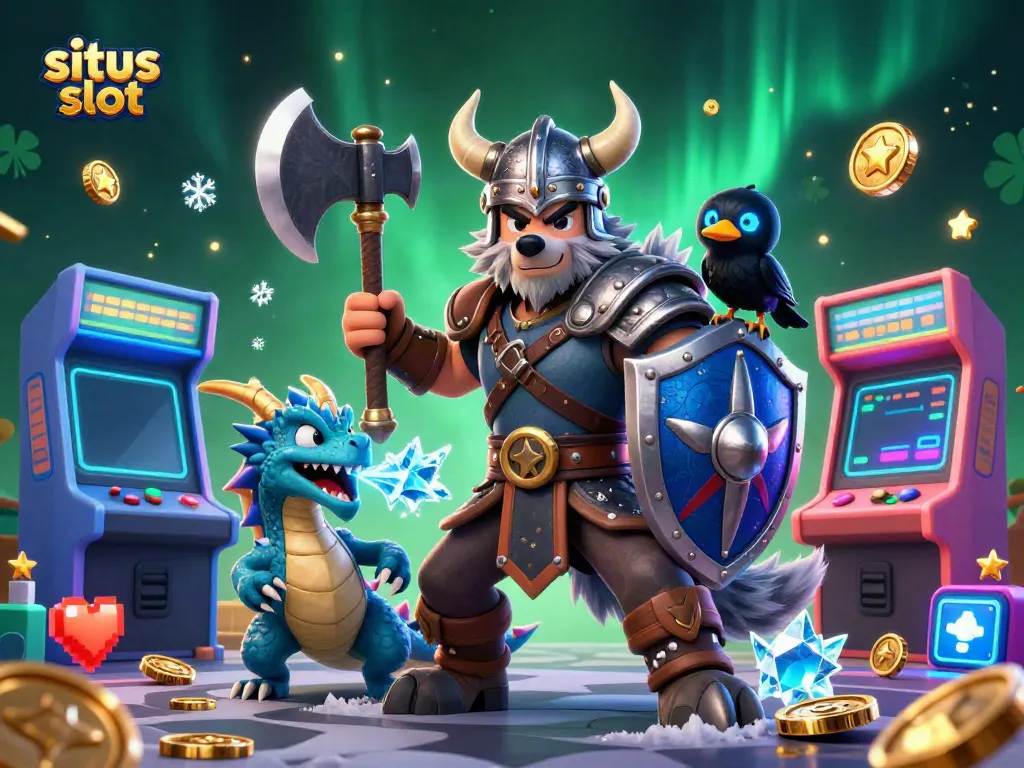 Experience exhilarating gaming action with situs slot, featuring a Viking warrior, dragon, and arcade elements.