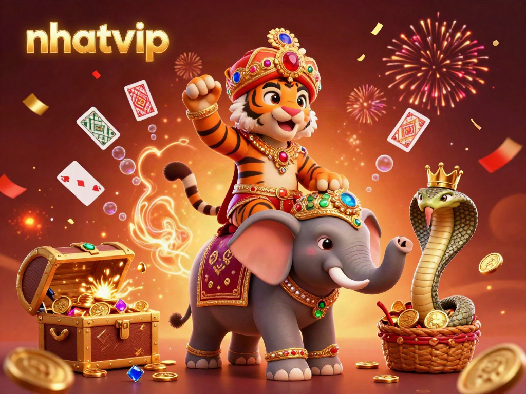 Nhatvip brings vibrant online gambling excitement with a stunning maharaja tiger and elephant in action.