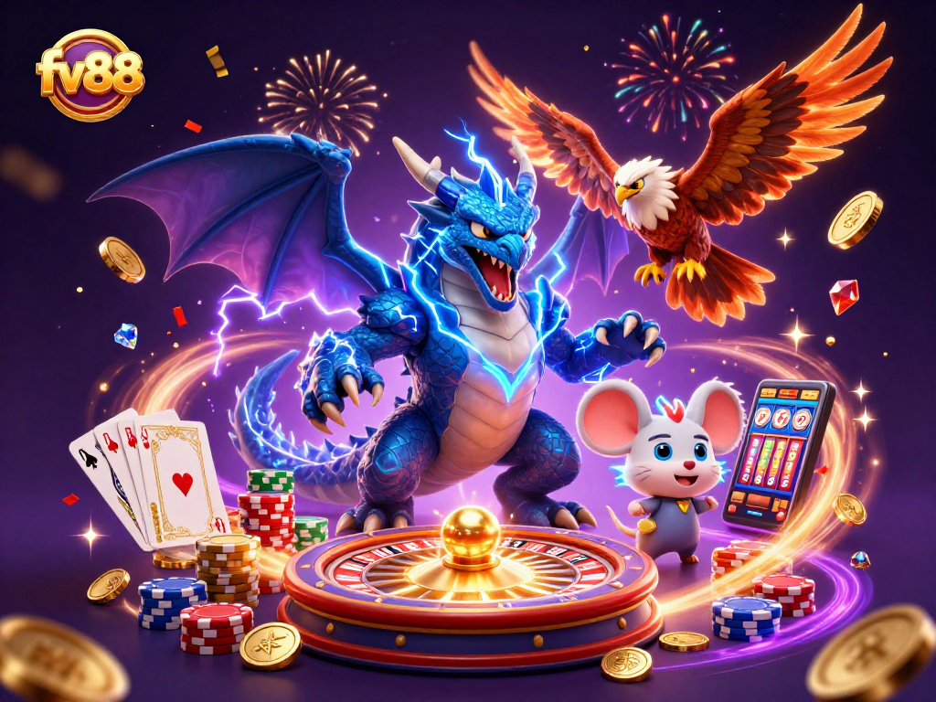 Experience the thrill of fv88 with powerful visual elements like jackpots, dynamic coins, and vibrant casino effects.