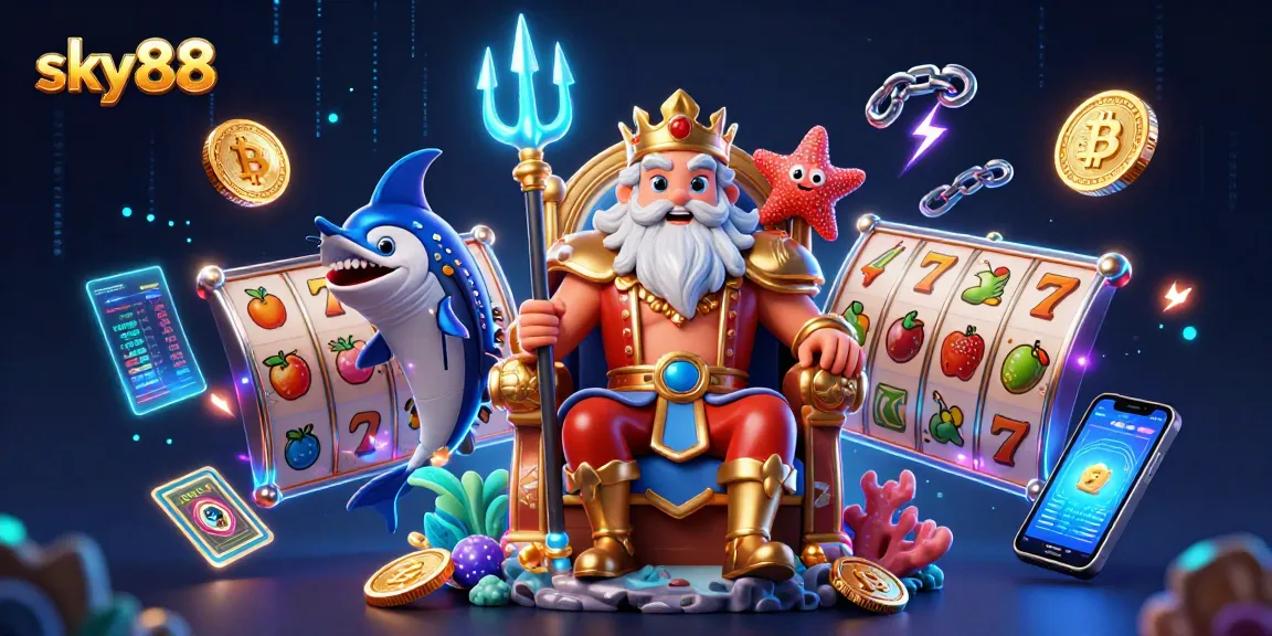 Engage with sky88's thrilling slot games among 3D sea king Neptune and vibrant casino elements.