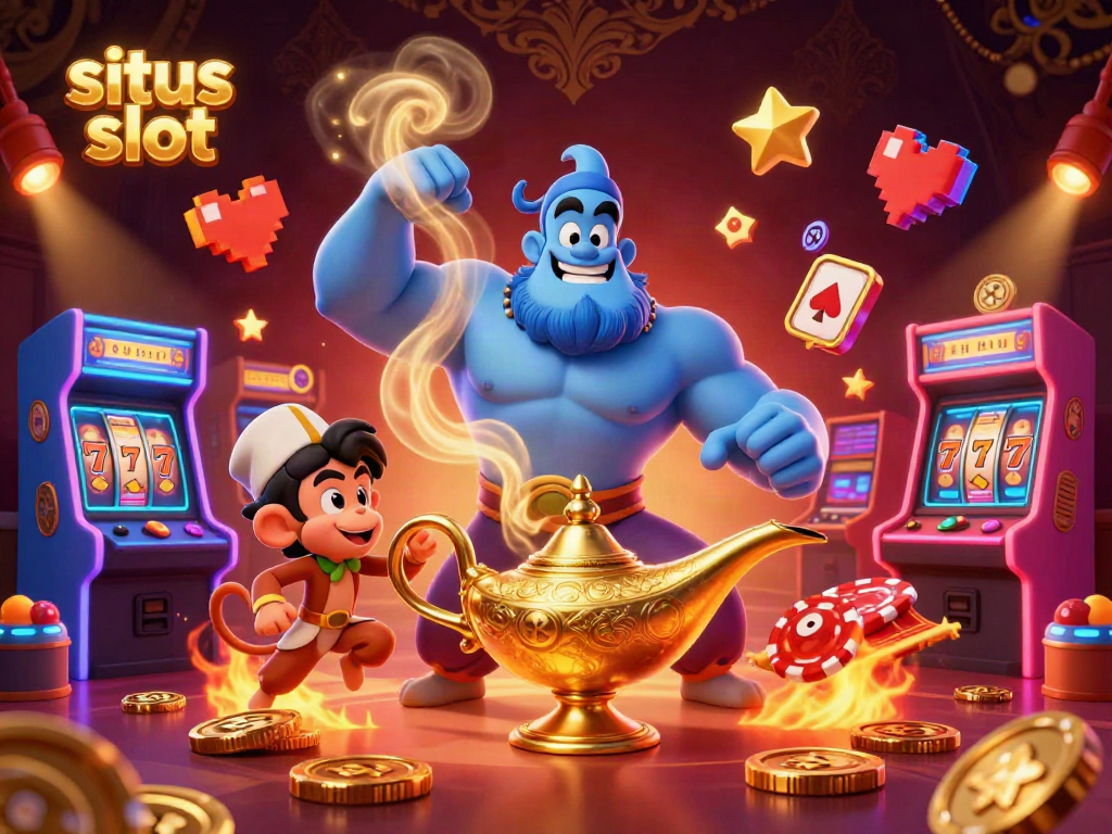 Savor the thrill with an exciting situs slot scene of a genie, monkey, and poker chips amid vibrant game machines.